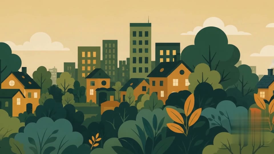 A town of homes and buildings among trees, from the BeWell'r film