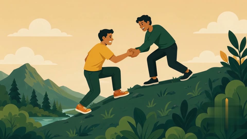 One person helping another up a hillside, from the BeWell'r film